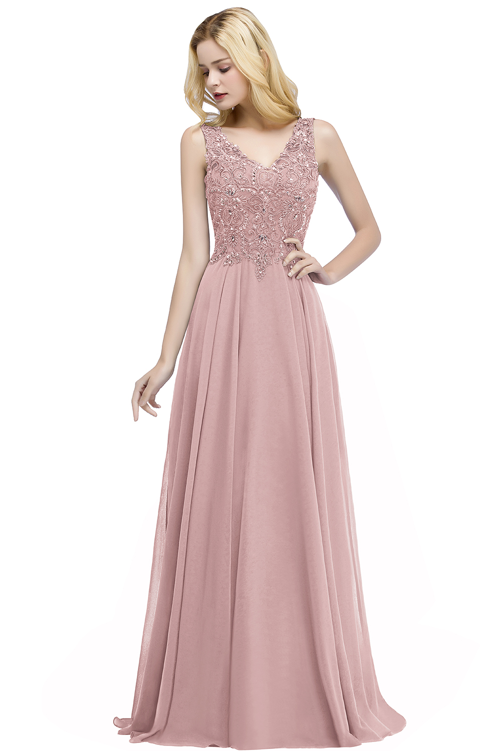 BMbridal A-line V-neck Sleeveless Long Appliqued Chiffon Prom Dress with Crystals-BMbridal