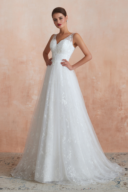 BMbridal Affordable V-Neck Tulle Lace Long White Wedding Dresses Online