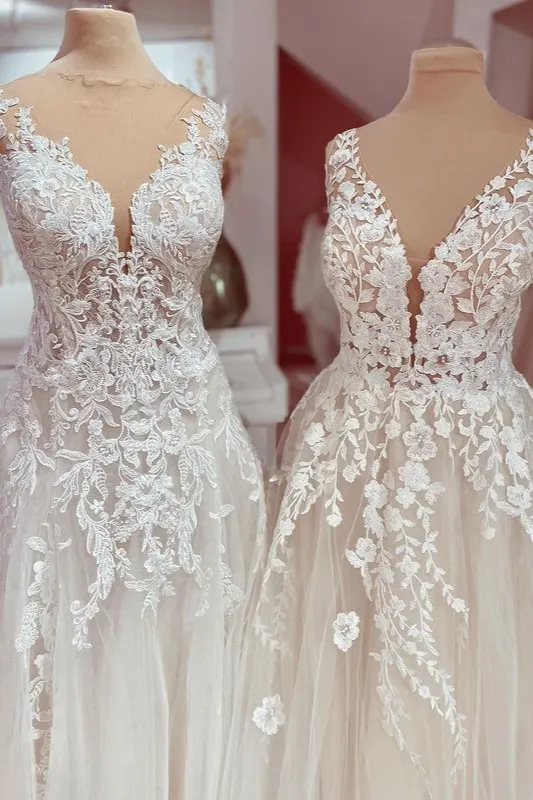 Chic A-Line Lace Floor-Length Deep V-Neck Wedding Dress with Tulle Appliques