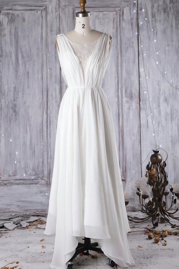 BMbridal Affordable Asymmetric Chiffon Wedding Dress Lace Appliques Ruffles Bridal Gowns On Sale-BMbridal