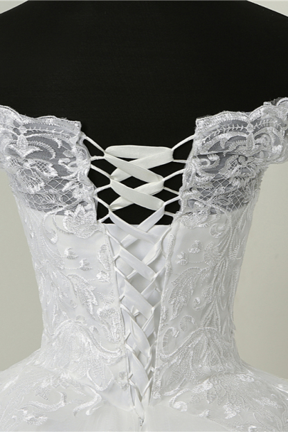 BMbridal Ball Gown White Tulle Sleeveless Wedding Dresses Off-the-Shoulder Lace Appliques Bridal Gowns-BMbridal