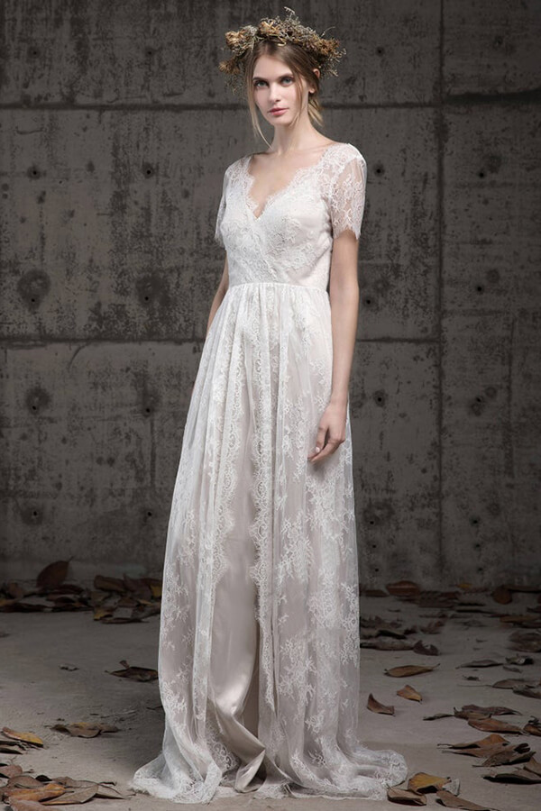 BMbridal Elegant A-line Lace Wedding Dress Short Sleeves Appliques Bridal Gowns Online-BMbridal