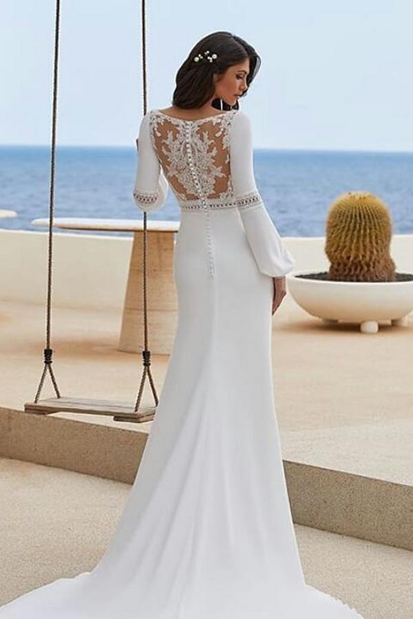 Trendy Floor-Length Mermaid Jewel Neck Long Sleeves Chiffon Prom Dresses-BMbridal