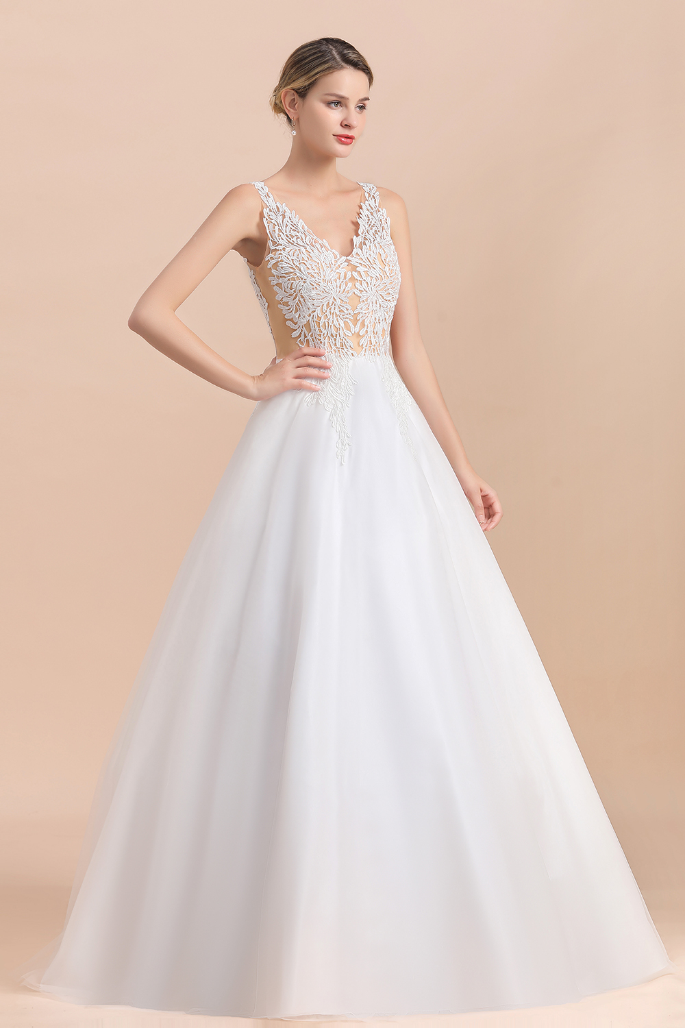 BMbridal Boho V-Neck Lace Wedding Dress Tulle Appliques Sleeveless Bridal Gowns On Sale-BMbridal