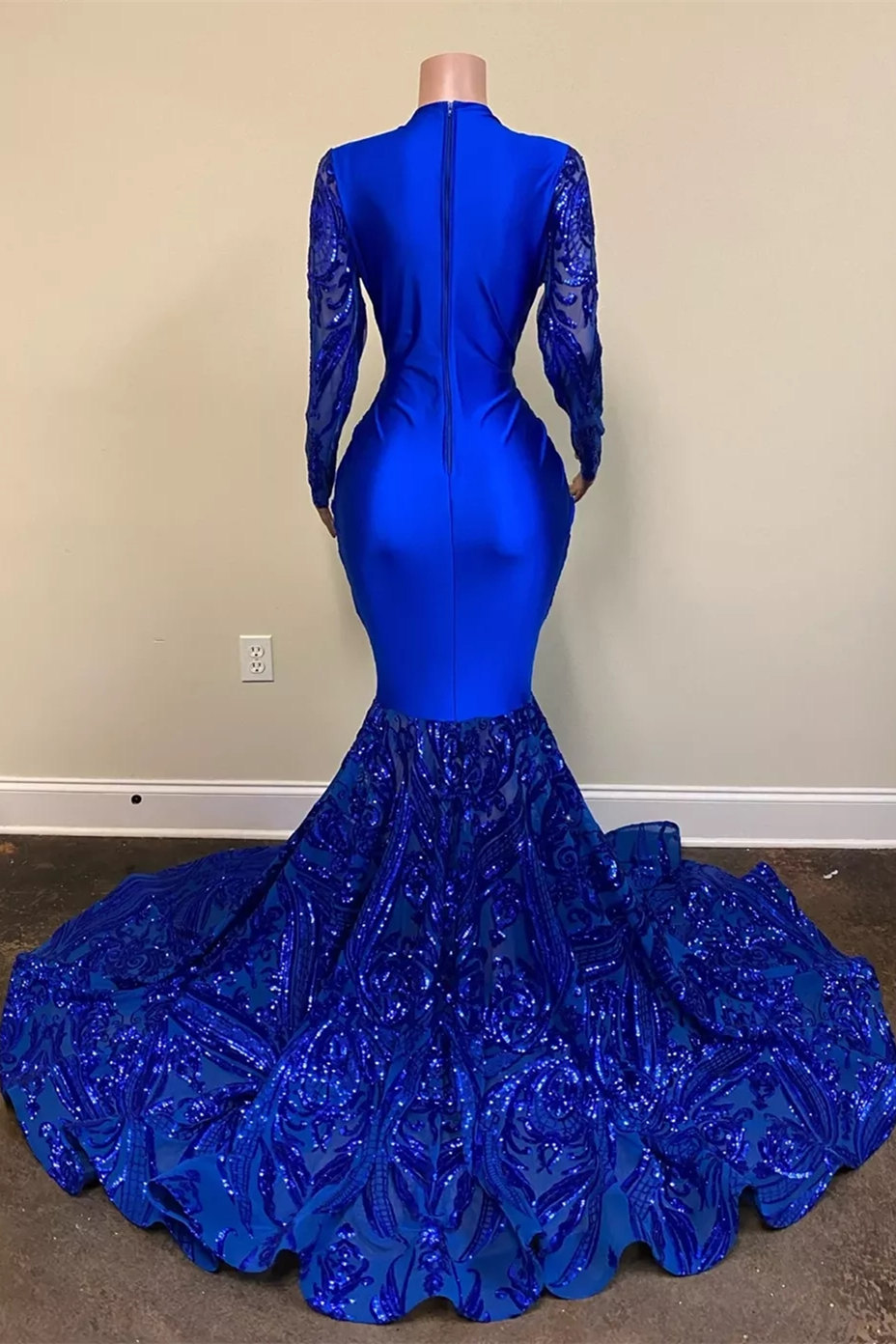 Bmbridal Long Sleeves Royal Blue Prom Dress Mermaid Sequins V-Neck