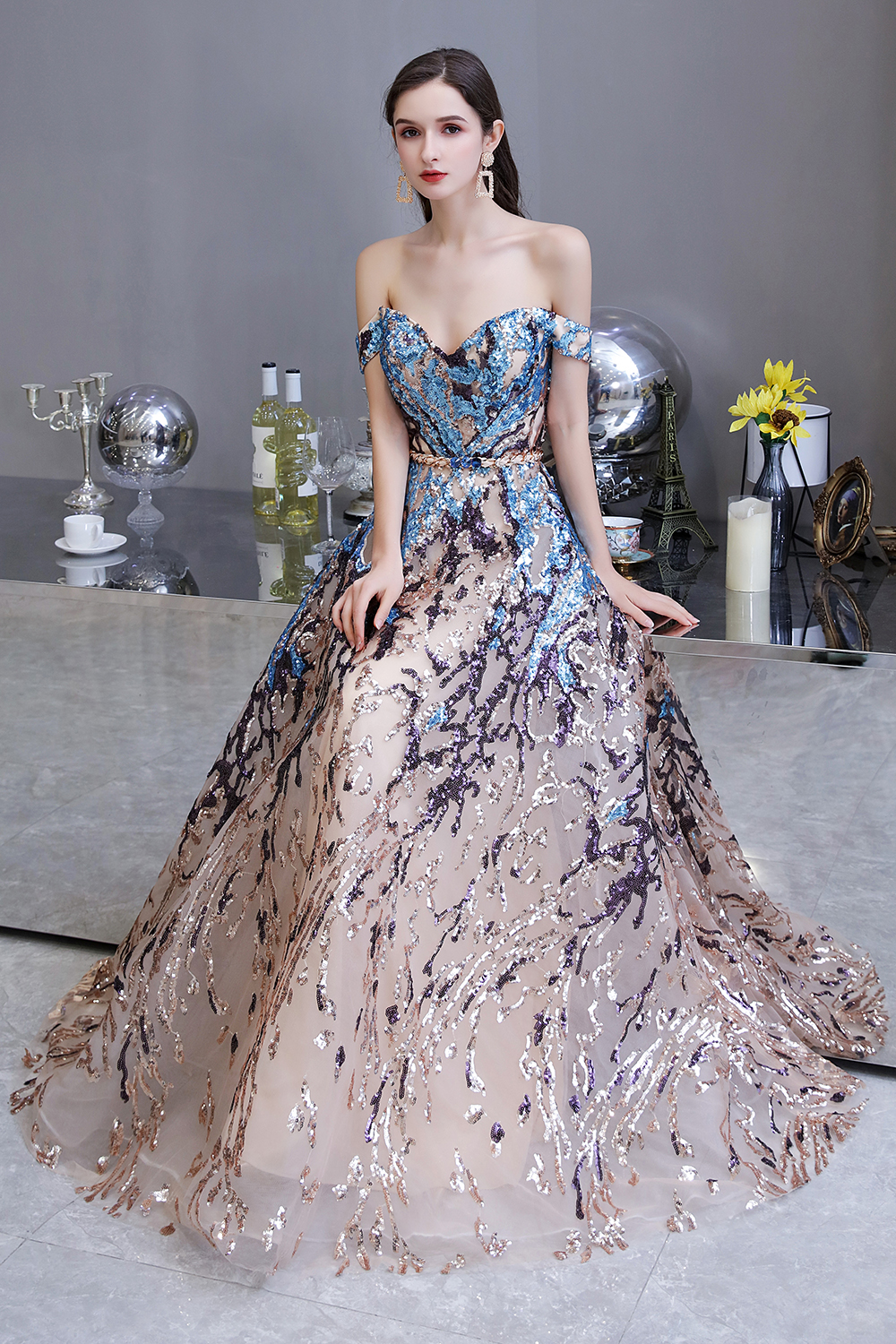 BMbridal Glamorous Off-the-Shoulder Sequins Evening Gowns Long Multi-Color Prom Dress