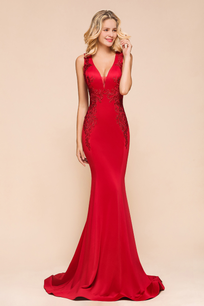 BMbridal Gorgeous Red Mermaid V-Neck Prom Dress Long With Lace Appliques Online