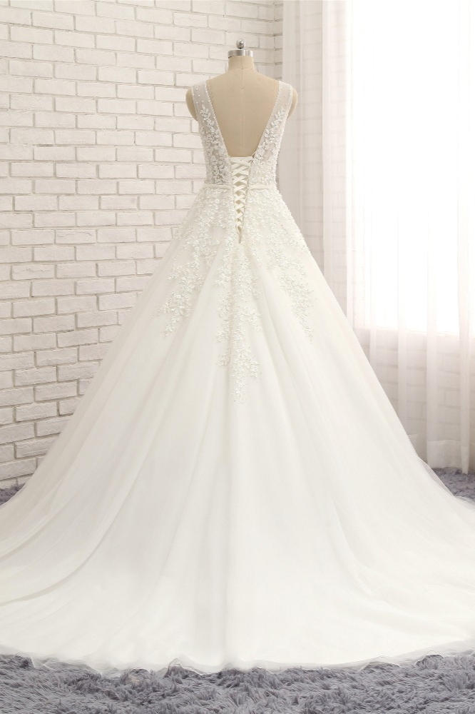 BMbridal Gorgeous Straps Sleeveless White Wedding Dresses With Appliques A-line Tulle Ruffles Bridal Gowns Online-BMbridal
