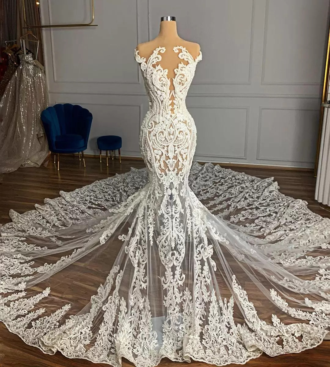 Bmbridal Cap Sleeves Lace Wedding Dress Mermaid Long On Sale-BMbridal