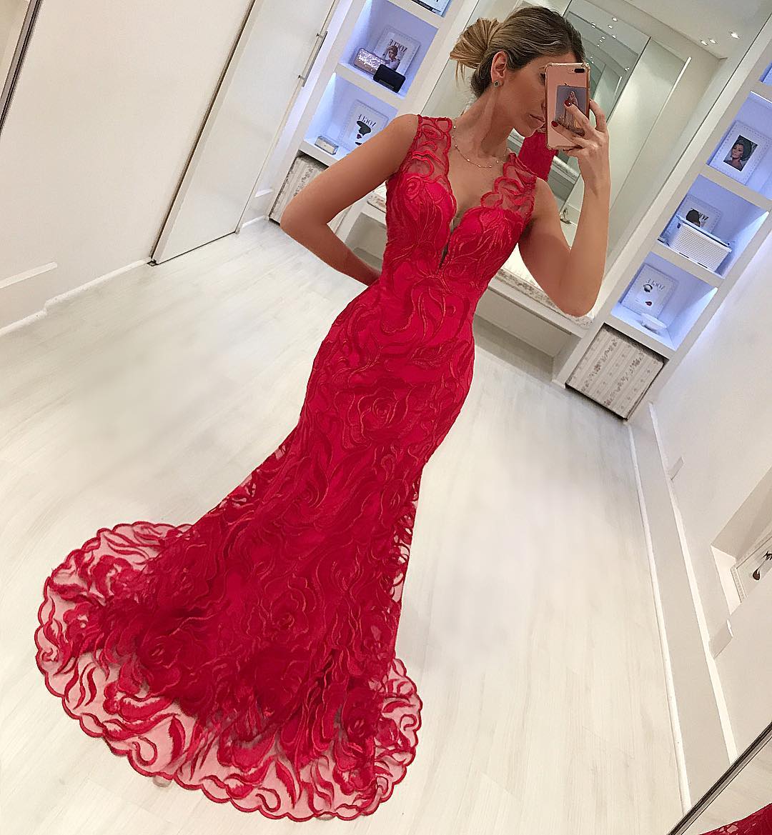 Bmbridal Red Sleeveless Mermaid Prom Dress With Lace Evening Gowns