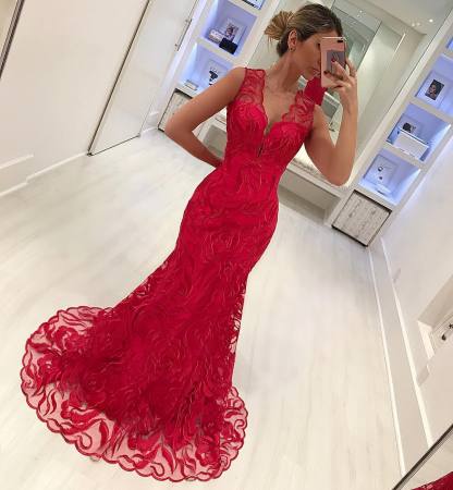 Bmbridal Red Sleeveless Mermaid Prom Dress With Lace Evening Gowns