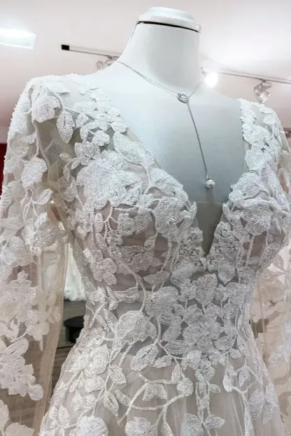 Classy Ivory Long Sleeves A-Line Lace Open Back Wedding Dresses with Tulle Appliques