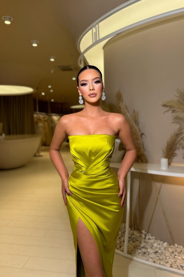 Bmbridal Yellow Green Strapless Prom Dress Mermaid Long With Split