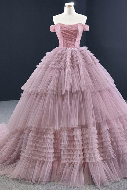Lotus Off the Shoulder Ball Grown Prom Dress Tulle Layered Strapless On Sale