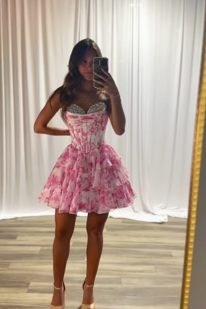 Sparkly Pink Corset A Line Short Floral Homecoming Dress with Beading
