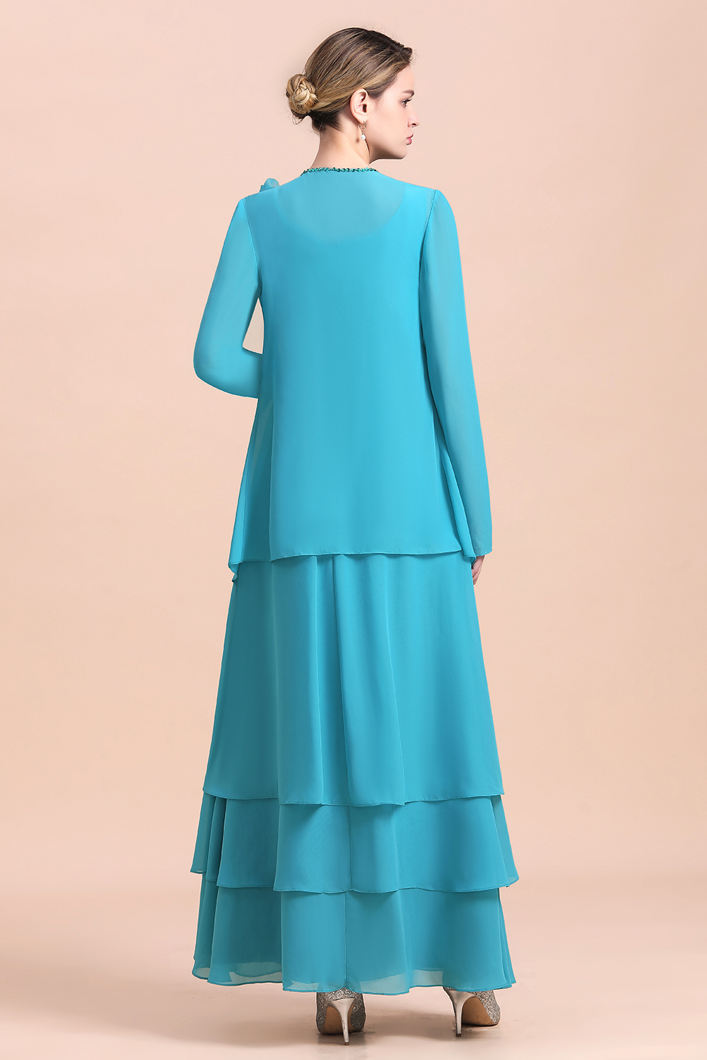 BMbridal Gorgeous Square Neck Flowers Layers Mother of Bride Dress with Long Wraps-BMbridal