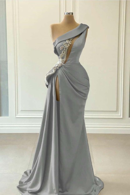 One Shoulder Sleeveless Blue High Split Long Mermaid Prom Dress With Beaded