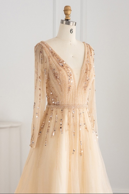 Bmbridal Champagne A-Line Long Sleeves V-Neck Prom Dresses with Appliques
