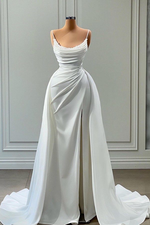 Bmbridal Spaghetti-Straps Mermaid Prom Dress White Long With Slit Beads