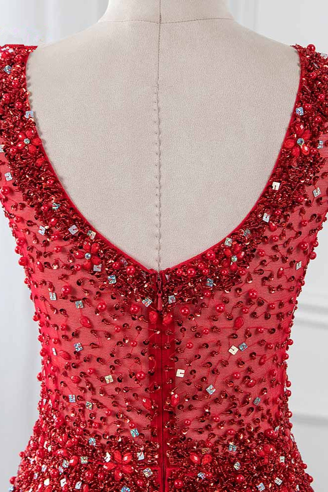 BMbridal Glamorous Jewel Sleeveless Burgundy Mermaid Prom Dresses with Beadings