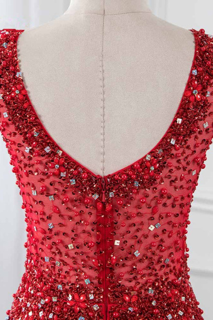 BMbridal Glamorous Jewel Sleeveless Burgundy Mermaid Prom Dresses with Beadings