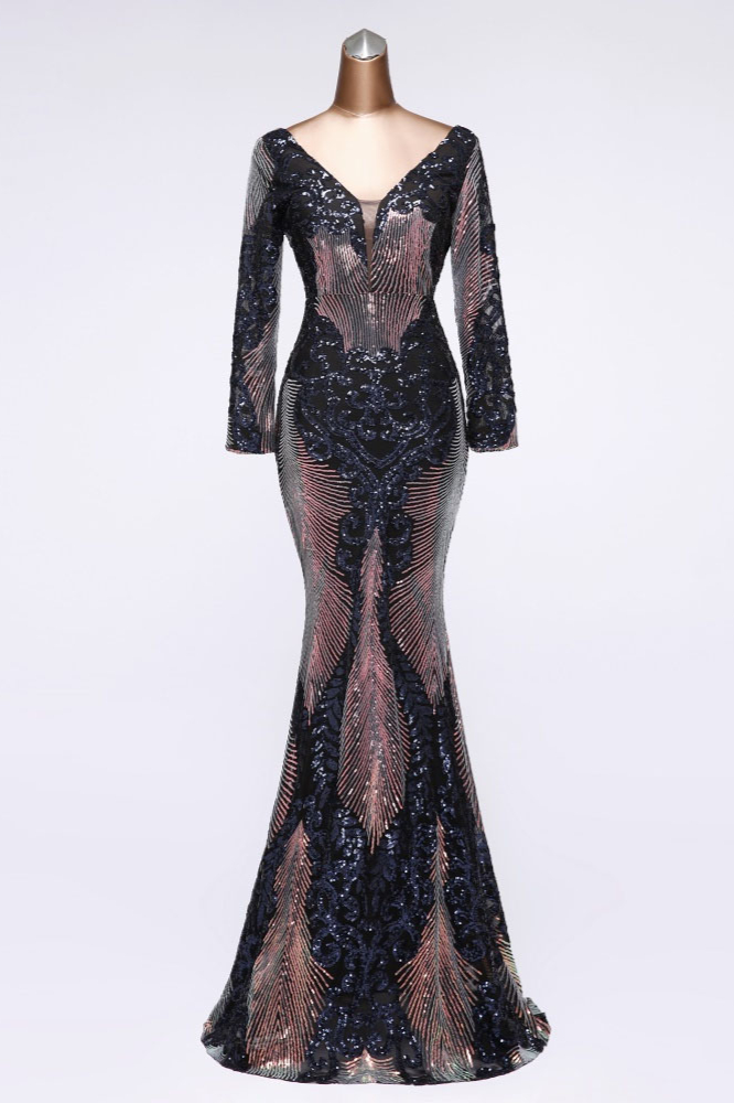BMbridal Sparkly Sequined V-Neck Mermaid Long Prom Dresses with Long Sleeves Online