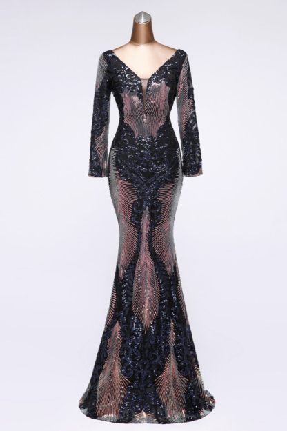 BMbridal Sparkly Sequined V-Neck Mermaid Long Prom Dresses with Long Sleeves Online