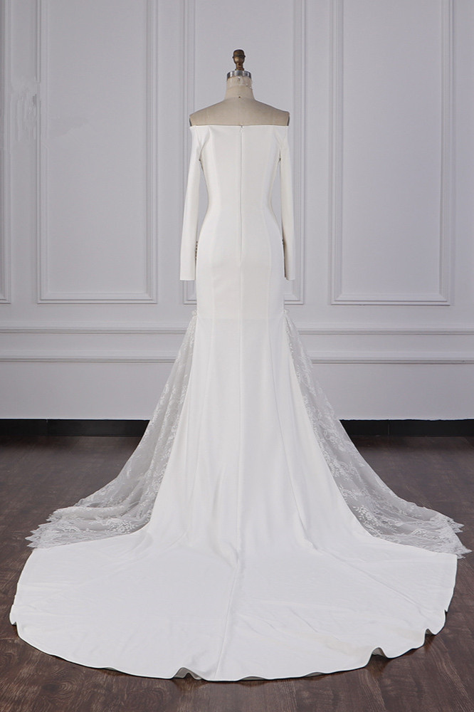BMbridal Chic Off-the-Shoulder Satin Wedding Dress Tulle Lace Bridal Gowns with Long Sleeves On Sale-BMbridal