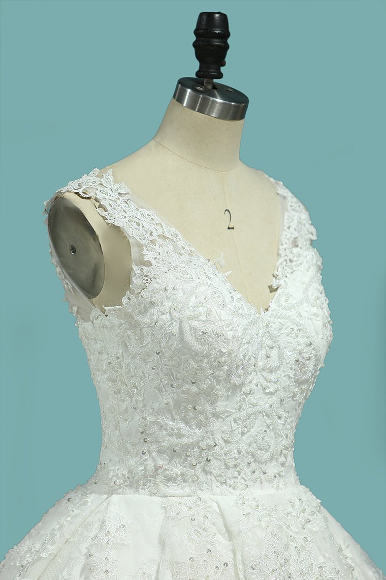 BMbridal Glamorous Jewe Tull Lace Wedding Dress Appliques Sleeveless Beadings Bridal Gowns Online-BMbridal
