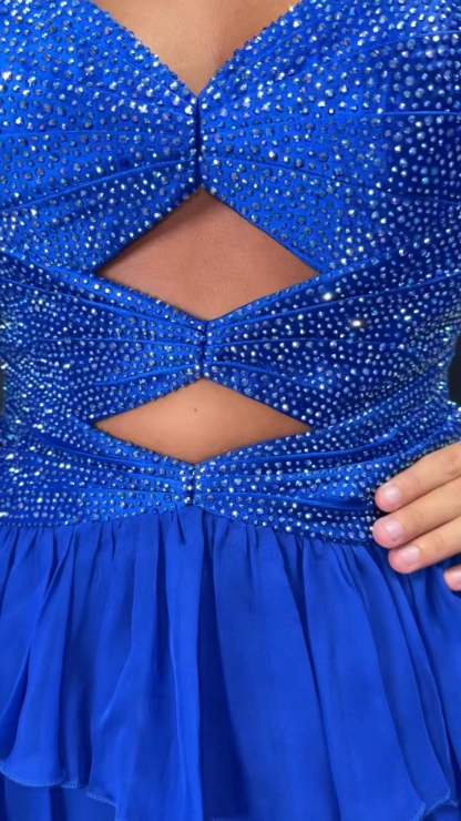 Strapless Rhinestone Twist Cutout Homecoming Dress Sweetheart Tiered Chiffon Mini Lace-Up Back