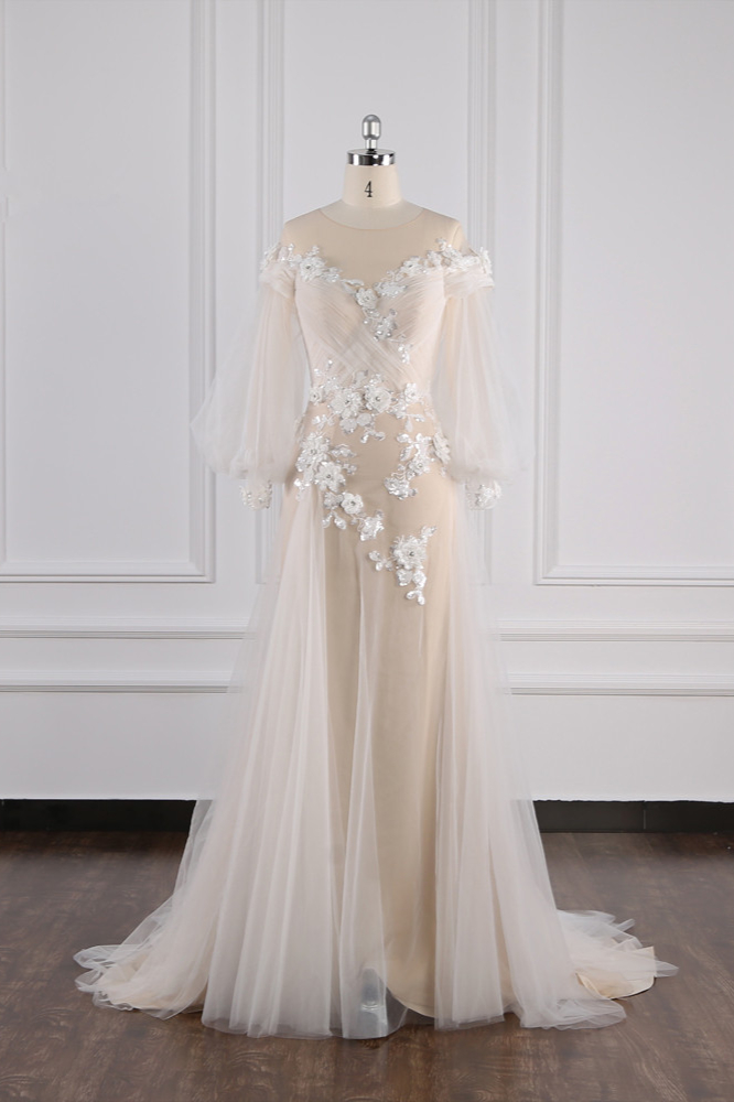 BMbridal Chic Jewel Pink Tulle Flowers Wedding Dress Beadings Appliques Long Sleeves Bridal Gowns On Sale-BMbridal