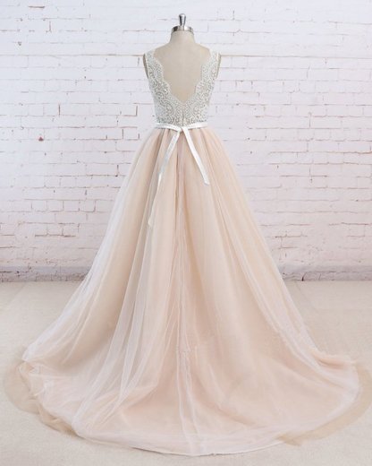 BMbridal AffordableBlush Pink Tulle Wedding Dress Ivory Lace V-Neck Vintage Bridal Gowns On Sale