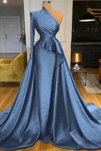 Mermaid Long Sleeve One Shoulder Dark Blue Long Prom Dress With High Split