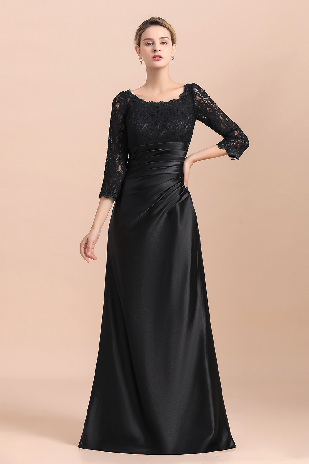 BMbridal Elegant Jewel 3/4 Sleeves Black Satin Lace Ruffles Mother of Bride Dress On Sale-BMbridal