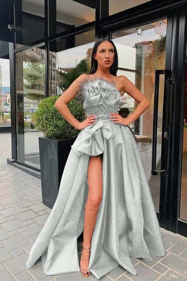 Strapless Sleeveless Long Black A Line Prom Dress High Split With Feather