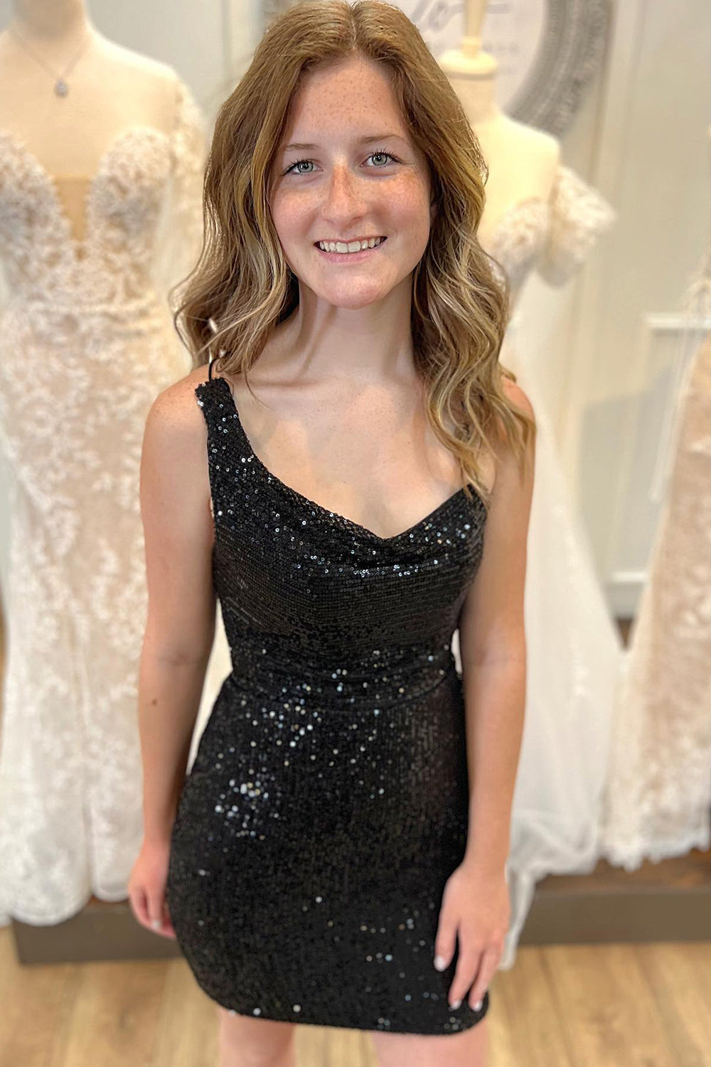 Black Spaghetti Straps Sequins Backless Tight Homecoming Dress-BMbridal