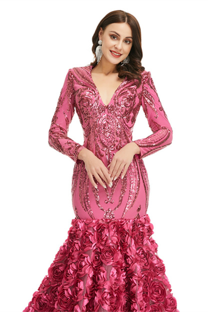 Bmbridal Long Sleeves V-Neck Prom Dress Mermaid Sequins With Flowers Bottom