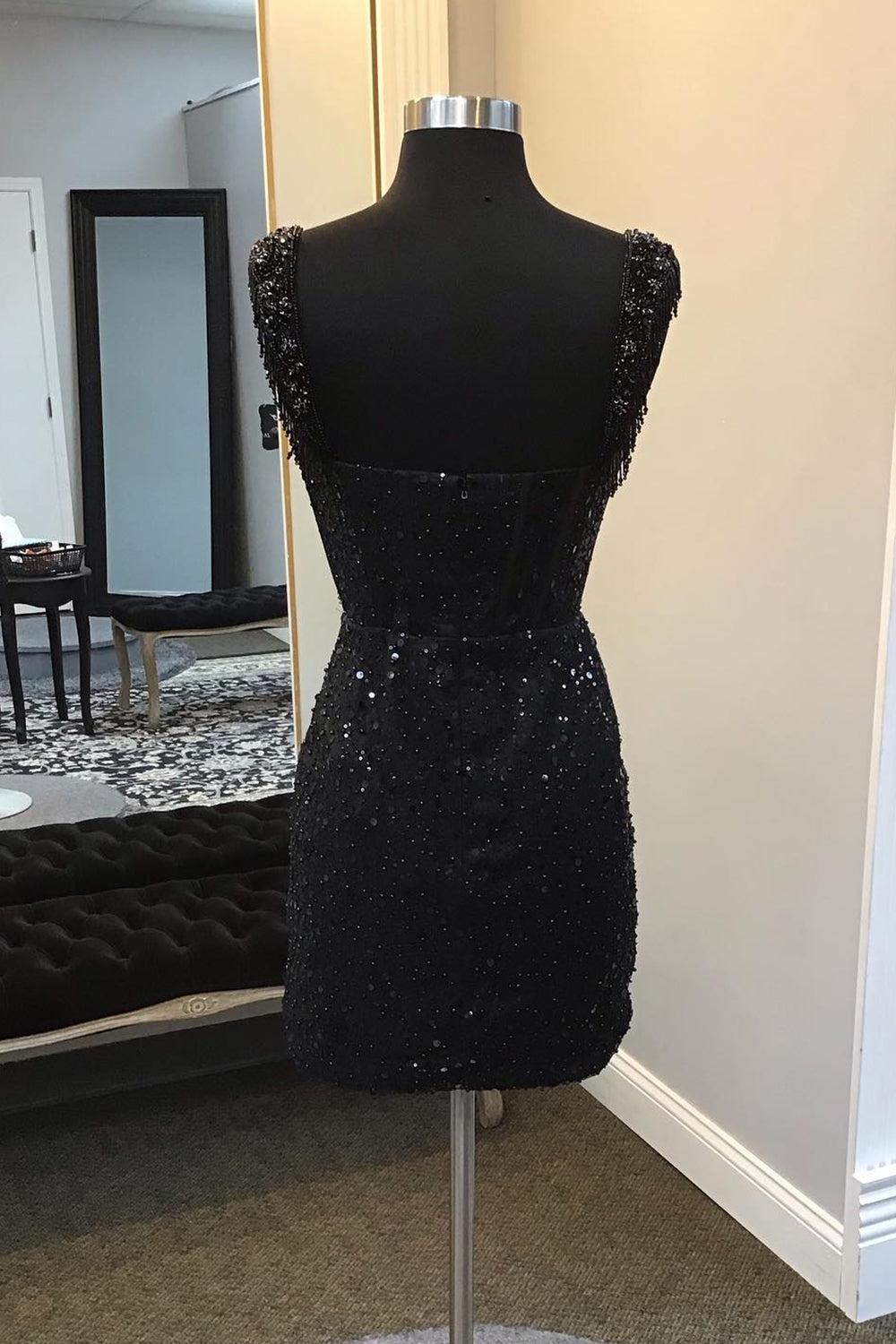 Sparkly Black Corset Fringed Sequin Tight Short Homecoming Dress-BMbridal