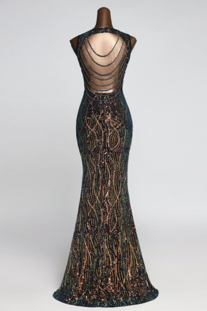 BMbridal Luxury V-Neck Backless Sequins Mermaid Prom Dresses with Front Slit