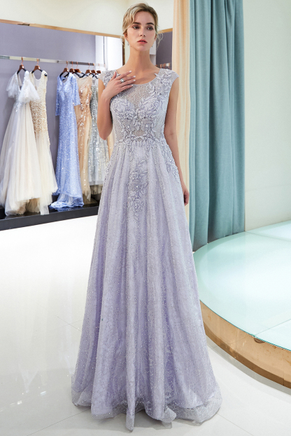 BMbridal Glamorous A-line Jewel Sleeveless Prom Dresses Lace Appliques Formal Dresses with Pearls