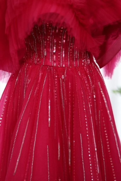Bmbridal Fuchsia A-Line Tulle Sweetheart Floor-Length Prom Dresses with Ruffles
