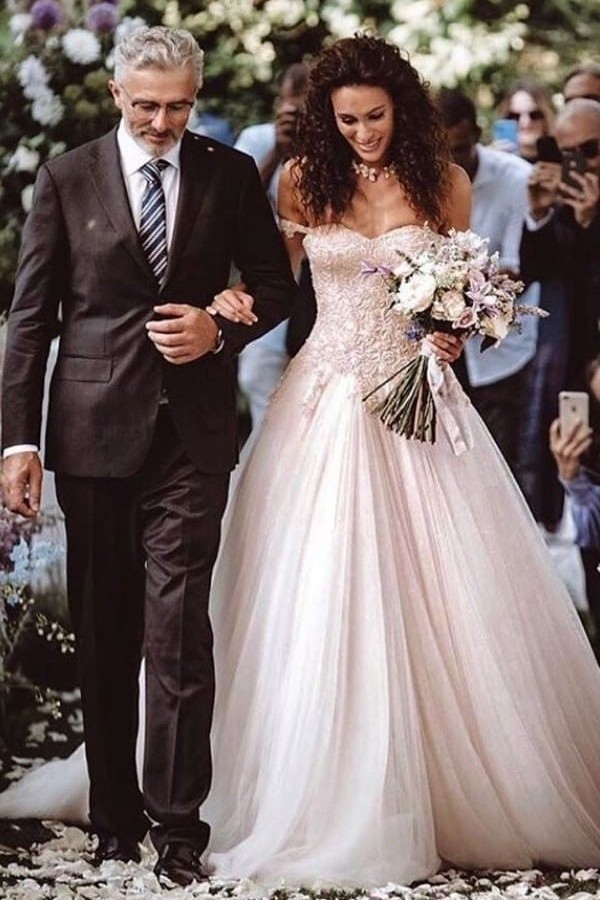 Bmbridal Champagne Tulle Bridal Dress Off-the-Shoulder With Appliques-BMbridal
