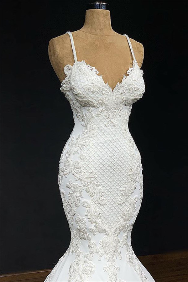 BMbridal Unique White Spaghetti Straps Mermaid Wedding Dresses With Appliques Tulle Ruffles Lace Bridal Gowns Online-BMbridal