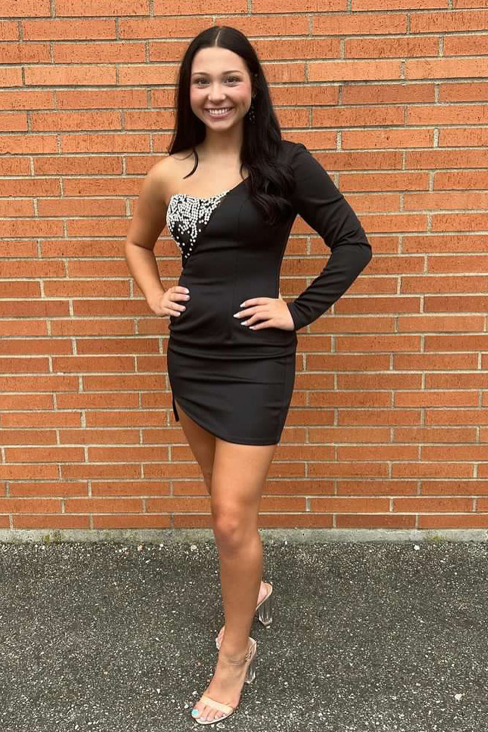 Sparkly Black BeadedOne Shoulder One Sleeve Tight Short Homecoming Dress-BMbridal