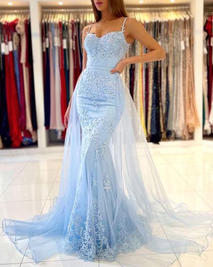 Bmbridal Sky Blue Spaghetti-Straps Prom Dress Mermaid With Lace Appliques