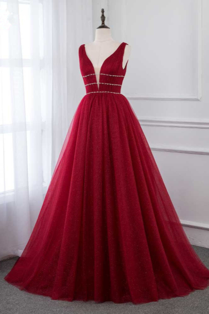 BMbridal Sexy Deep-V-Neck Sleeveless Burgundy Prom Dresses with Beadings