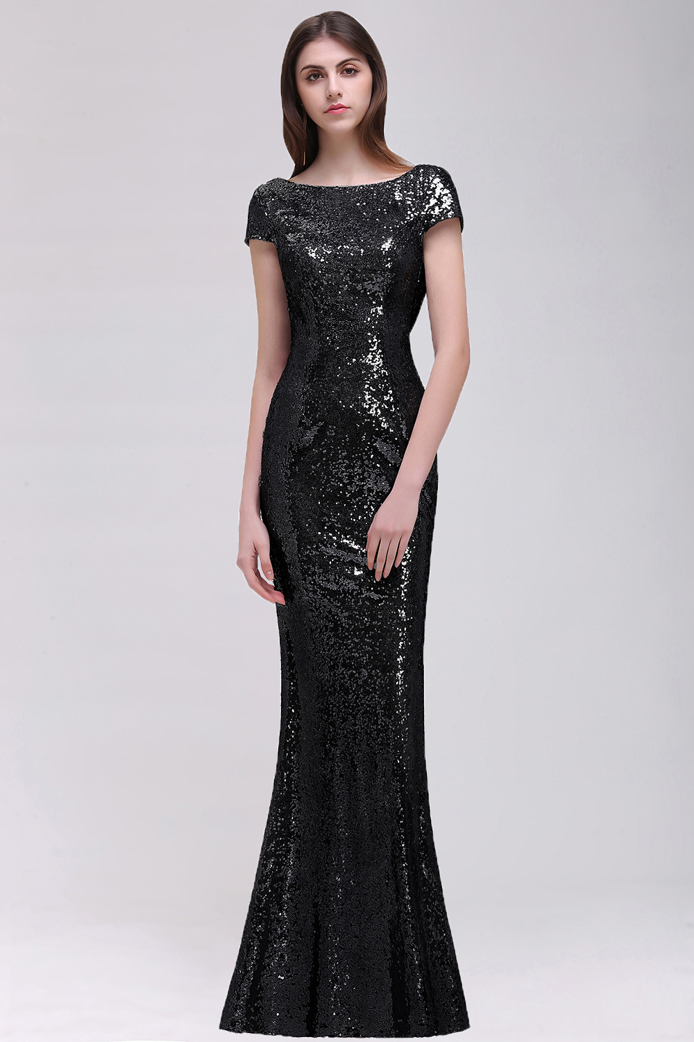 BMbridal Sparkly Sequined Jewel Sheath Prom Dress with Short Sleeves and Draped Back