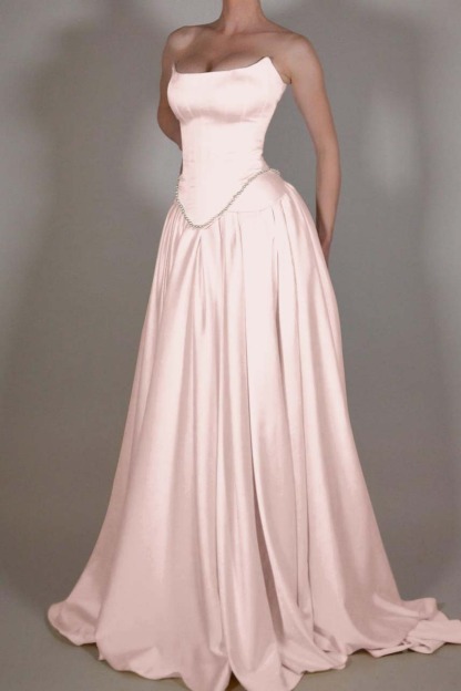 Strapless Sleeveless Long A Line Prom Dress With Pleated Beading