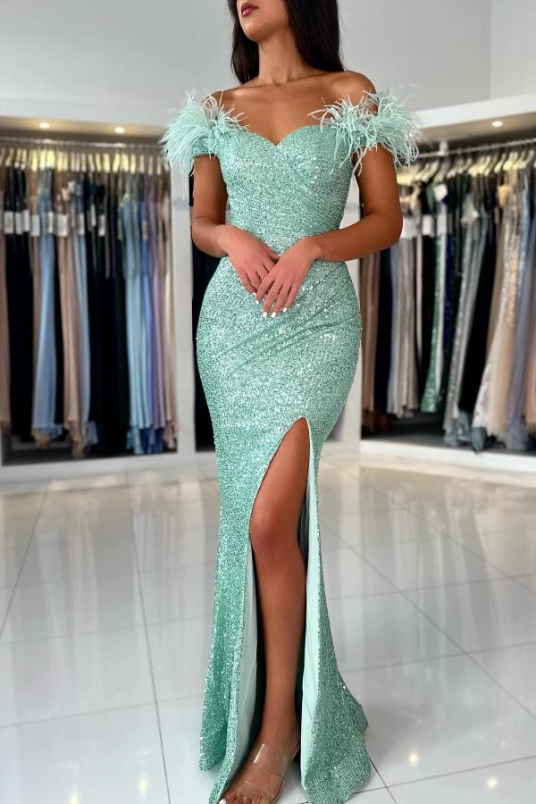 Mint Green Off-the-Shoulder Prom Dress Mermaid Sequins With Feather Slit