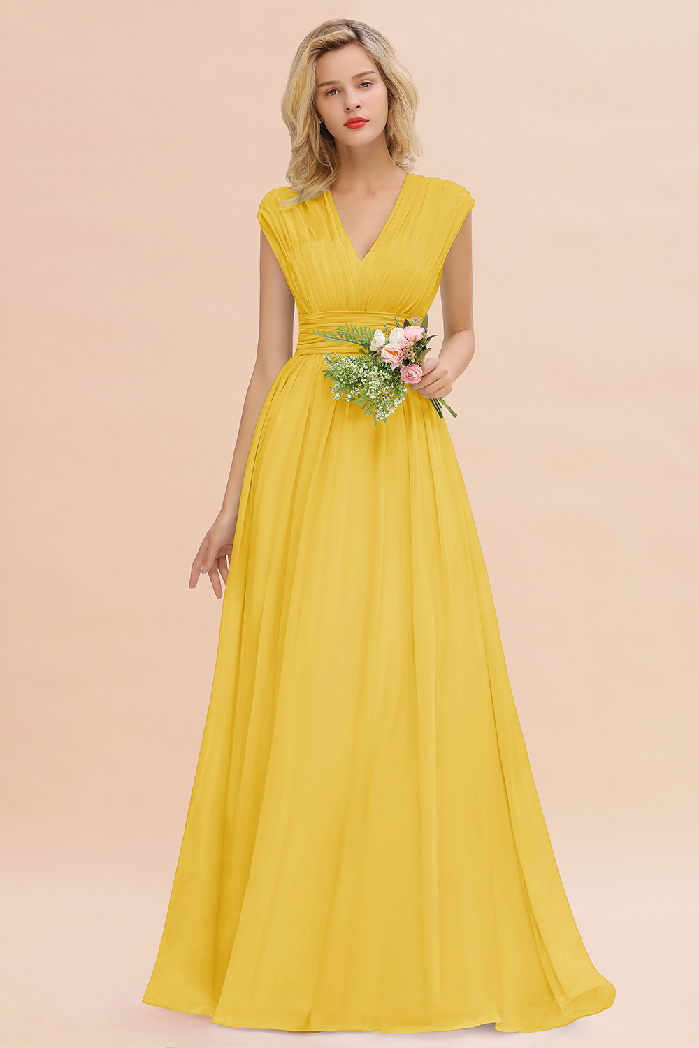 BMbridal Elegant Chiffon V-Neck Ruffle Long Bridesmaid Dresses Affordable-BMbridal